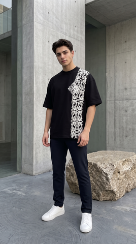 Custom Embroidered-Style DTF Graphic Oversized T-Shirt – Black By Zilzy