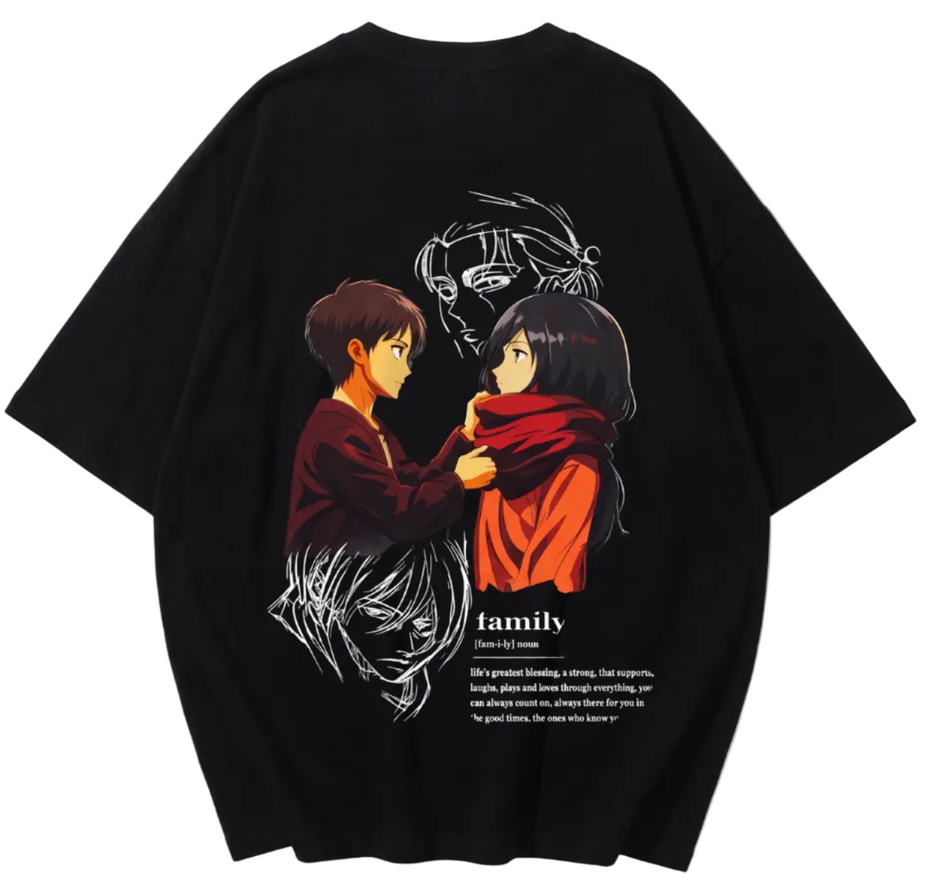 A black oversized short-sleeve t-shirt with a large anime-style graphic on the back. The graphic features characters in red and orange clothing, a white line art face, and the word 'family' with descriptive text below.