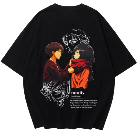 A black oversized short-sleeve t-shirt with a large anime-style graphic on the back. The graphic features characters in red and orange clothing, a white line art face, and the word 'family' with descriptive text below.